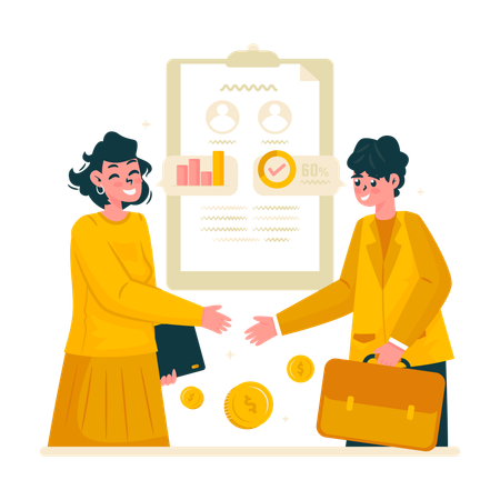 Businesspeople shaking hands with document agreement for investment partnership  Illustration