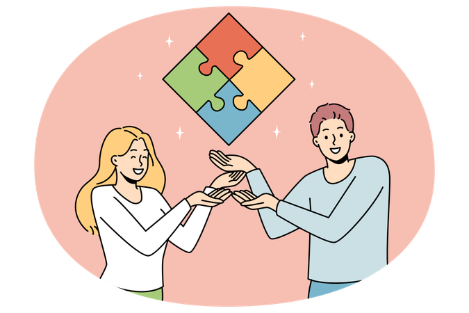 Businesspeople showing solved jigsaw puzzle  Illustration