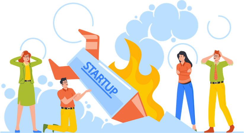 Businesspeople Stand at Burning Crashed Start up Rocket  Illustration