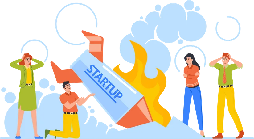 Businesspeople Stand at Burning Crashed Start up Rocket  Illustration