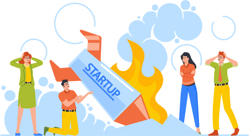 Businesspeople Stand at Burning Crashed Start up Rocket  Illustration