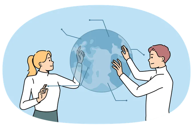Businesspeople touch planet Earth hologram cooperating in modern office together  Illustration