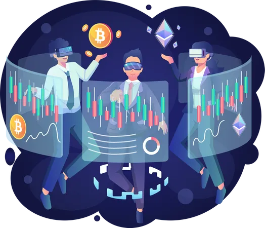 Businesspeople trading cryptocurrency in Metaverse Illustration