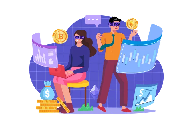 Businesspeople trading cryptocurrency in metaverse  Illustration