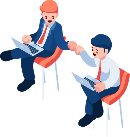 Businesspeople Working on Laptop Giving Each Other a Fist Bump  Illustration