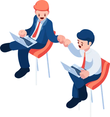 Businesspeople Working on Laptop Giving Each Other a Fist Bump  Illustration