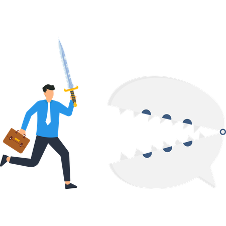 Businessperson Attacks Chat Bubble with Sword  Illustration