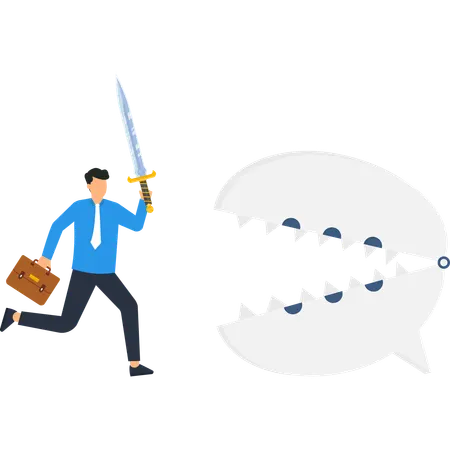 Businessperson Attacks Chat Bubble with Sword  Illustration