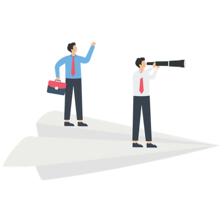 Businessperson with telescope standing on a paper airplane  Illustration