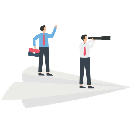 Businessperson with telescope standing on a paper airplane  Illustration