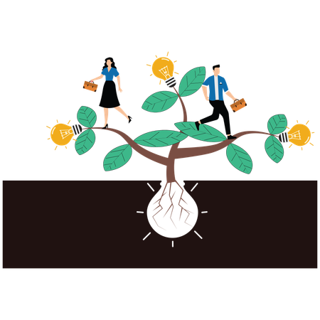 Businesspersons walking along branches to light bulb tips of idea light bulb tree  Illustration