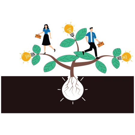 Businesspersons walking along branches to light bulb tips of idea light bulb tree  Illustration