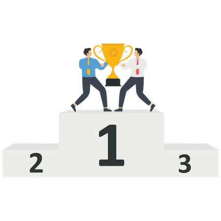 Businesspersons with trophy standing on winner podium  Illustration