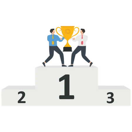 Businesspersons with trophy standing on winner podium  イラスト