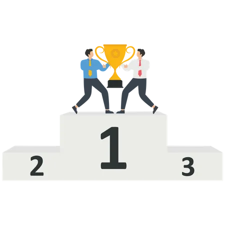 Businesspersons with trophy standing on winner podium  Illustration