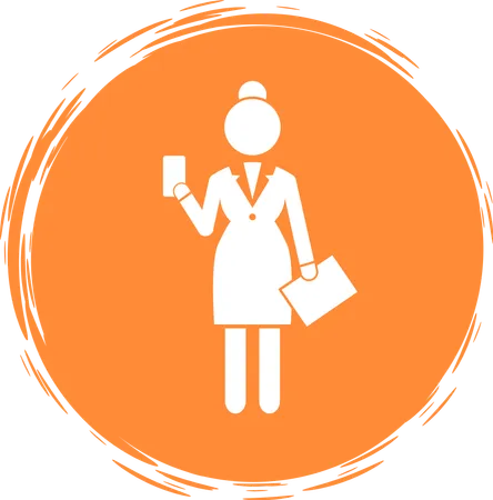White Simplified Silhouette Of Businesswoman With Case And Smartphone On Orange Round Background Logo Template For Website Confident Domineering Woman In An Orange Circle Flat Vector On White Illustration