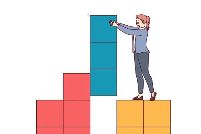 Business Woman Assembles Structure From Giant Tetris Blocks Using Skills Of Building Own Company Or Startup Concept Using Strategic Thinking To Create Sustainable Corporate Structure Illustration