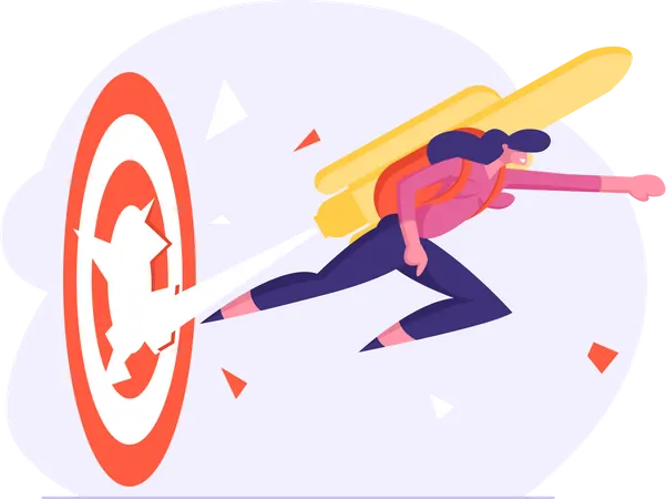 Girl With Rocket On Back Reach New Level Of Development And Career Boost Happy Business Woman With Jetpack On Back Punch Through Huge Target To Goal Achievement Cartoon Flat Vector Illustration Illustration