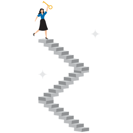 Businesswoman achieving success after climbing stairs  Illustration