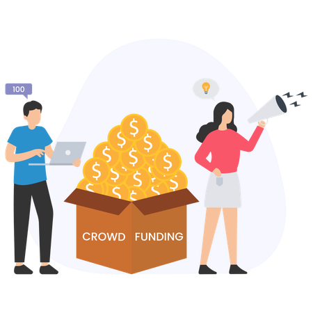 Businesswoman advertising crowdfunding campaign using megaphone  Illustration