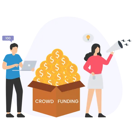 Businesswoman advertising crowdfunding campaign using megaphone  Illustration