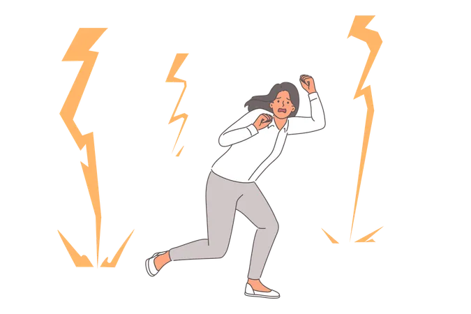 Businesswoman afraid lightning and runs around in panic while needing lessons on how to deal with fears  Illustration