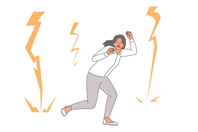 Businesswoman afraid lightning and runs around in panic while needing lessons on how to deal with fears  Illustration