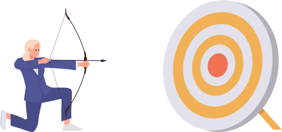 Businesswoman aiming arrow to target checking new mission objective and strategy  Illustration