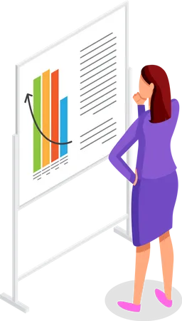 Businesswoman Stands And Analyzes A Large Bar Chart At The Stand Growth Arrow Up Growth Chart Monitoring And Research Data Business Process Layout Presentation Vector Image Slide For Web Illustration