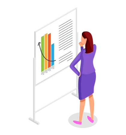 Businesswoman Stands And Analyzes A Large Bar Chart At The Stand Growth Arrow Up Growth Chart Monitoring And Research Data Business Process Layout Presentation Vector Image Slide For Web イラスト