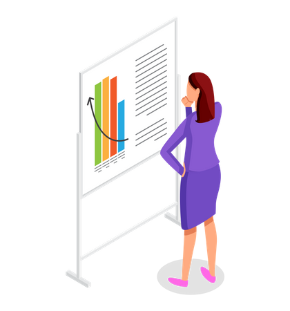 Businesswoman Analyses Business Data On Big Stand With Bar Chart  Illustration