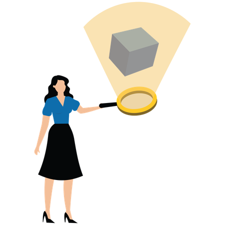 Businesswoman analyses floating cube with magnifying glass symbolizing product research and case study  Illustration