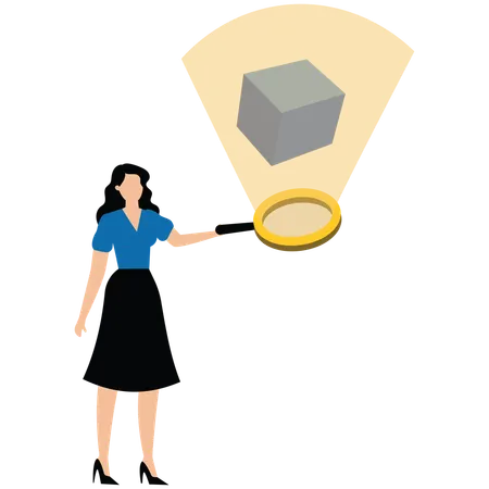 Businesswoman analyses floating cube with magnifying glass symbolizing product research and case study  Illustration
