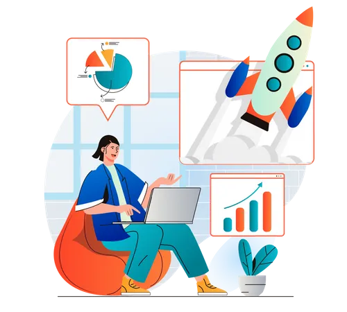 Business Growth Concept In Modern Flat Design Businesswoman Working At Laptop Launch Startup Develops New Company Analysis Data And Income Profit Innovation And Investment Vector Illustration Illustration