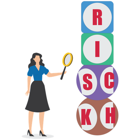 Businesswoman analyze a cube rich and risk word  Illustration