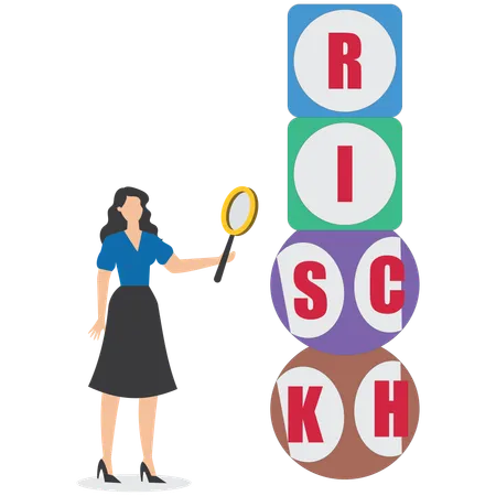 Businesswoman analyze a cube rich and risk word  Illustration