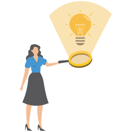 Businesswoman analyze glowing lightbulb idea with magnifier checking and validate business viability  Illustration