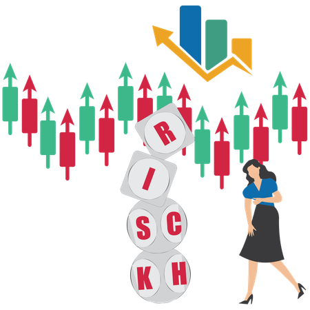 Businesswoman analyzes data using risk and rich terms financial graph  Illustration