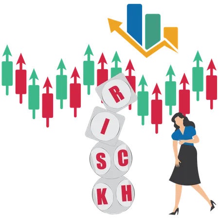 Businesswoman analyzes data using risk and rich terms financial graph  Illustration