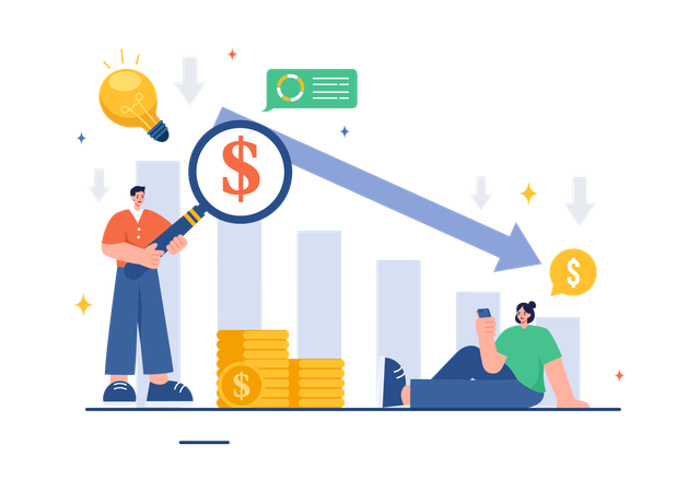 Businesswoman analyzes loss in market  Illustration