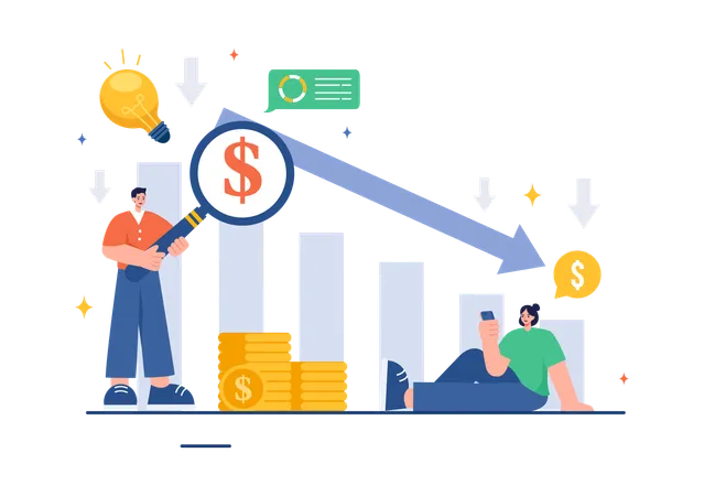 Businesswoman analyzes loss in market  Illustration