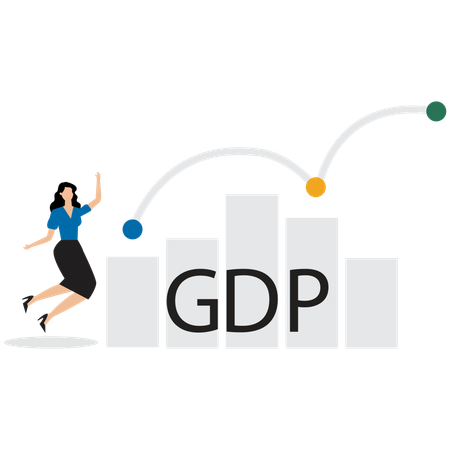 GDP のグラフデータを分析するビジネスウーマン  イラスト