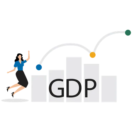 GDP のグラフデータを分析するビジネスウーマン  イラスト