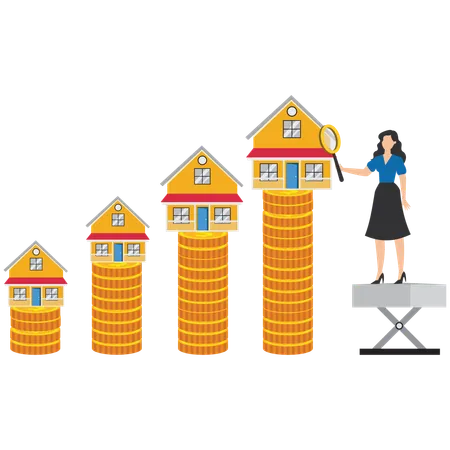 Businesswoman analyzing houses different heights  Illustration