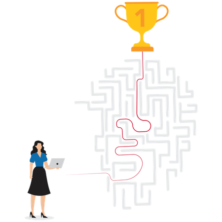 Businesswoman analyzing maze with various career paths leading to different success points  Illustration