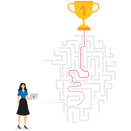 Businesswoman analyzing maze with various career paths leading to different success points  Illustration