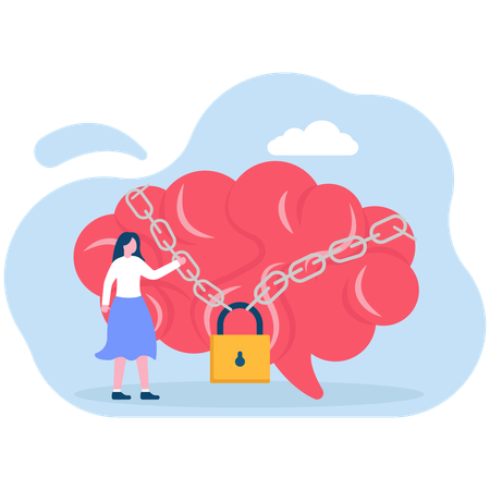 Businesswoman and brain locked with padlock  Illustration