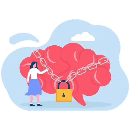 Businesswoman and brain locked with padlock  Illustration