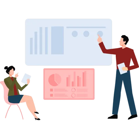 Girl And Boy Discussing Business Graph Illustration