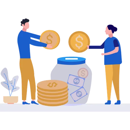 Businesswoman and businessman putting money in a savings jar  Illustration